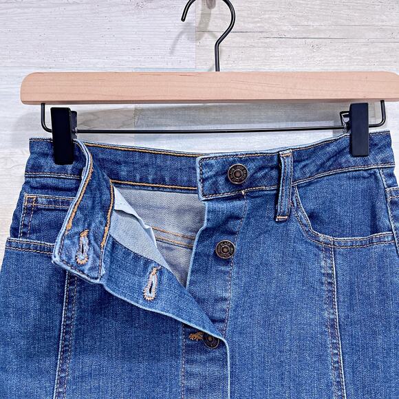 JustBlack Denim Button Front Mini Skirt Blue Dark Wash Stretch Cotton Womens XS - Picture 2 of 5